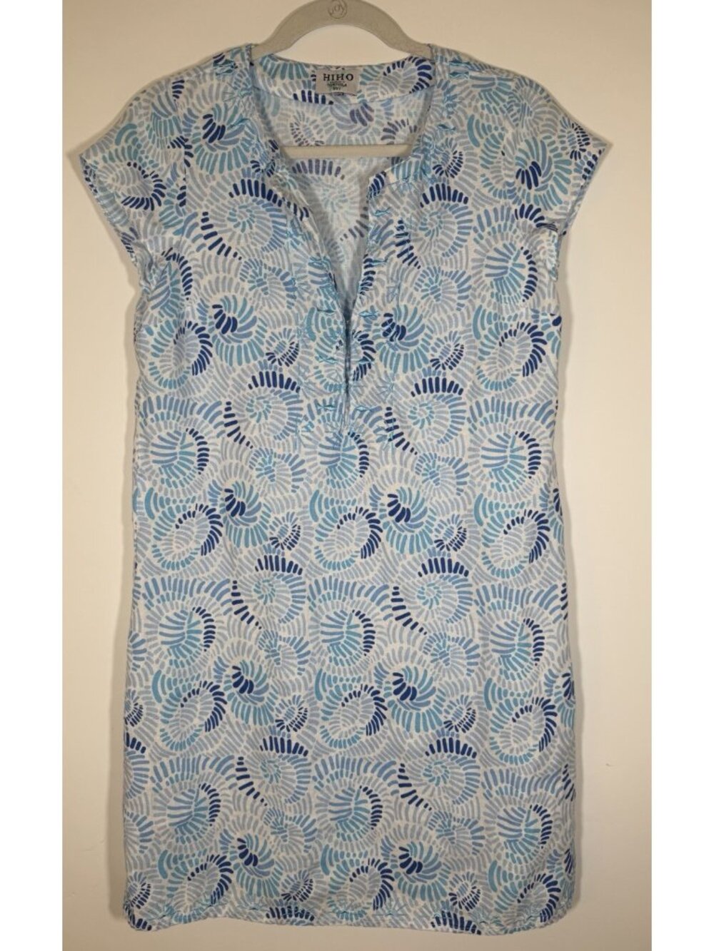 HIHO Tortola BVI blue white linen shift embroidered fish resortwear dress S